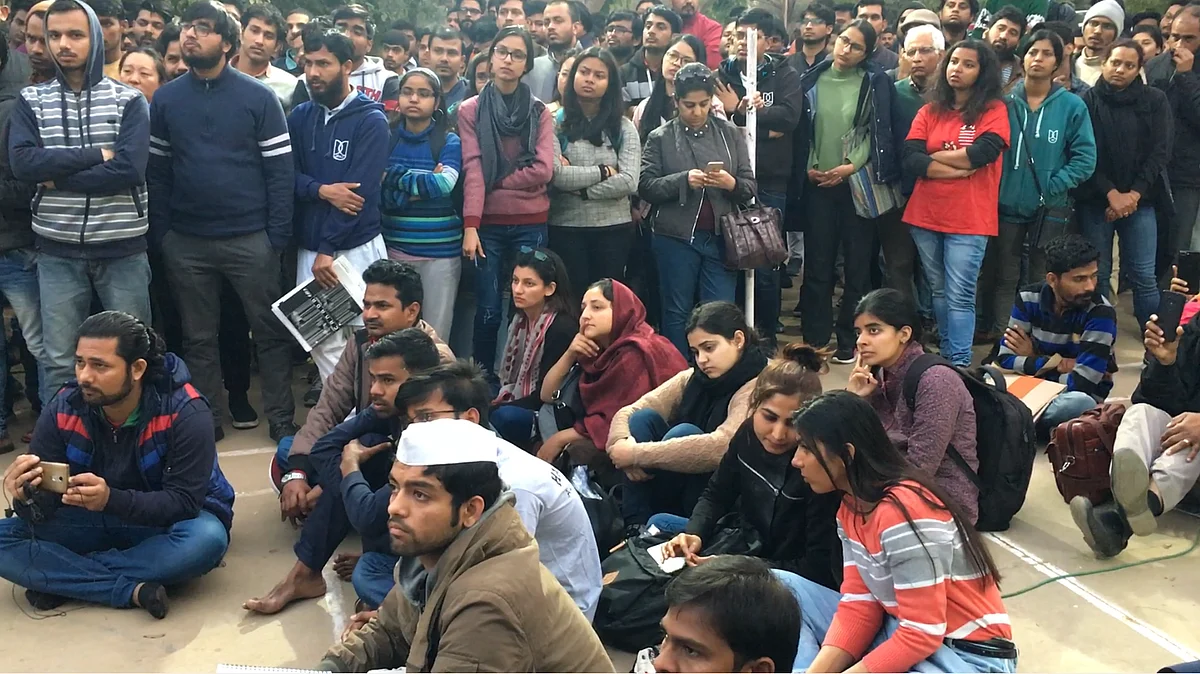 Students at former Home Minister P. Chidamabaram’s talk at JNU on Thursday. 