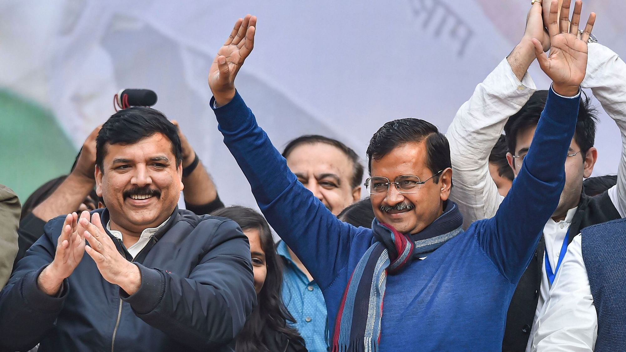  AAP convenor Arvind Kejriwal addressing supporters after party’s victory in the State Assembly polls, at AAP office on 11 Feb 2020.