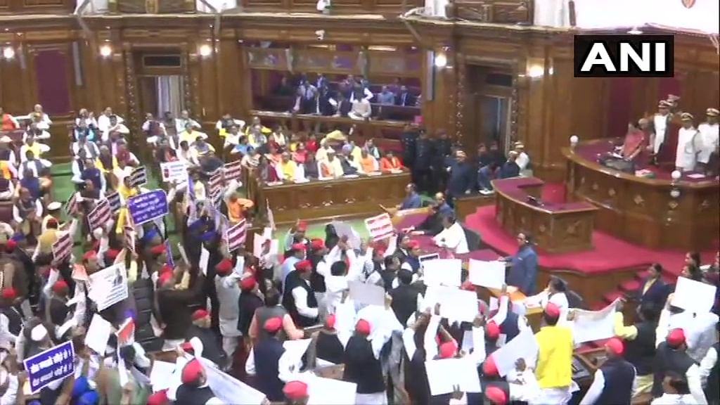 UP Budget session goes off the rails as Opposition party members hold placards protesting against CAA and LPG price hike.