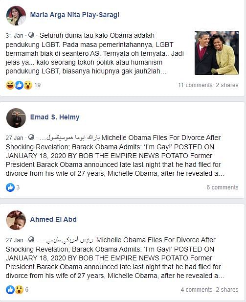 A news article about  Barack Obama and Michelle Obama announcing divorce is being shared on social media.