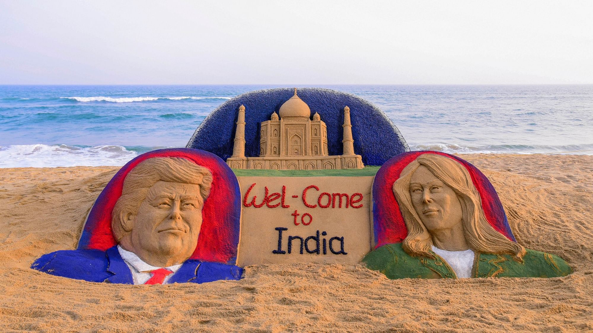 Donald Trump in India: Sand sculpture of US President Donald Trump with First Lady Melania Trump.