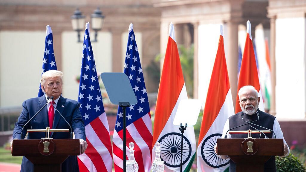 US President Donald Trump speaks during a news conference with Indian Prime Minister Narendra Modi at Hyderabad House, Tuesday, 25 February.