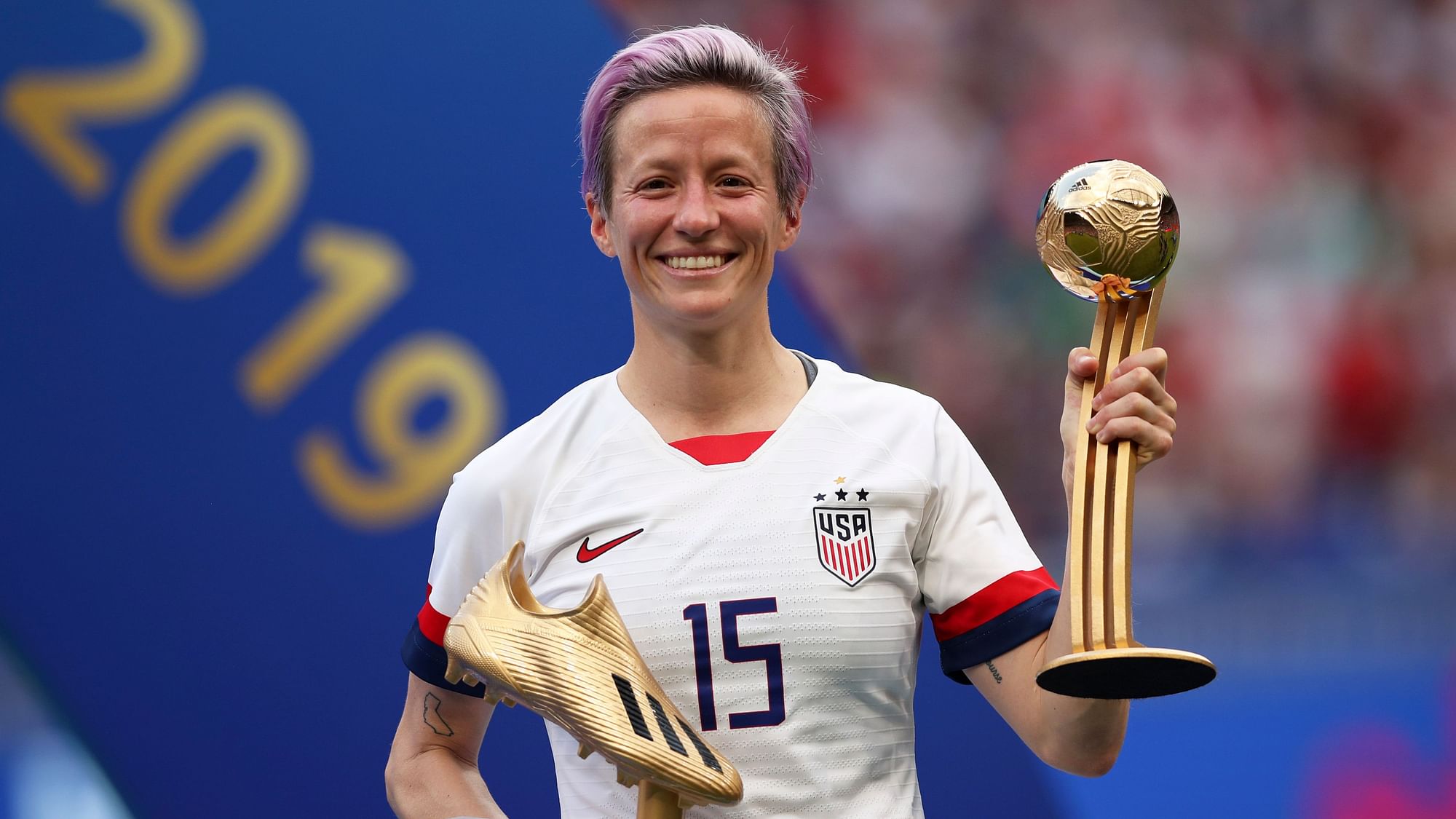  United States’ Megan Rapinoe poses with her individual awards at the end of the Women’s World Cup final last year.