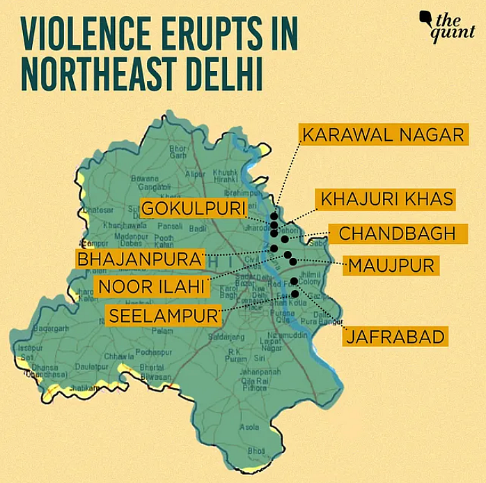 Places in Delhi where violence took place on Monday 24 February (locations may not be exact).