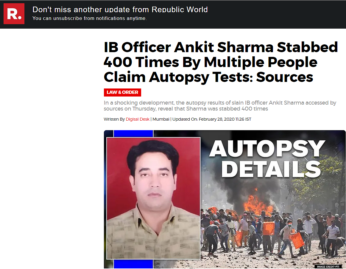 Ankit Sharma Stabbed 12 Times, Not 400 – Post-Mortem Debunks Claim