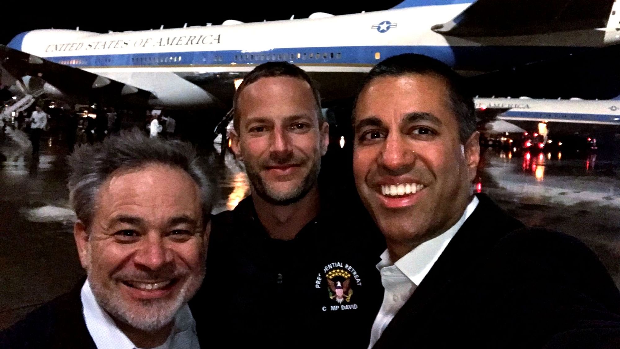 From right to left, Dan Brouillette, US Secretary of Energy, Adam Boehler, CEO of US International Development Finance Corporation and Ajit Pai, Chairman of the U.S. Federal Communications Commission waiting to board Air Force One for President Trump’s inaugural India visit.