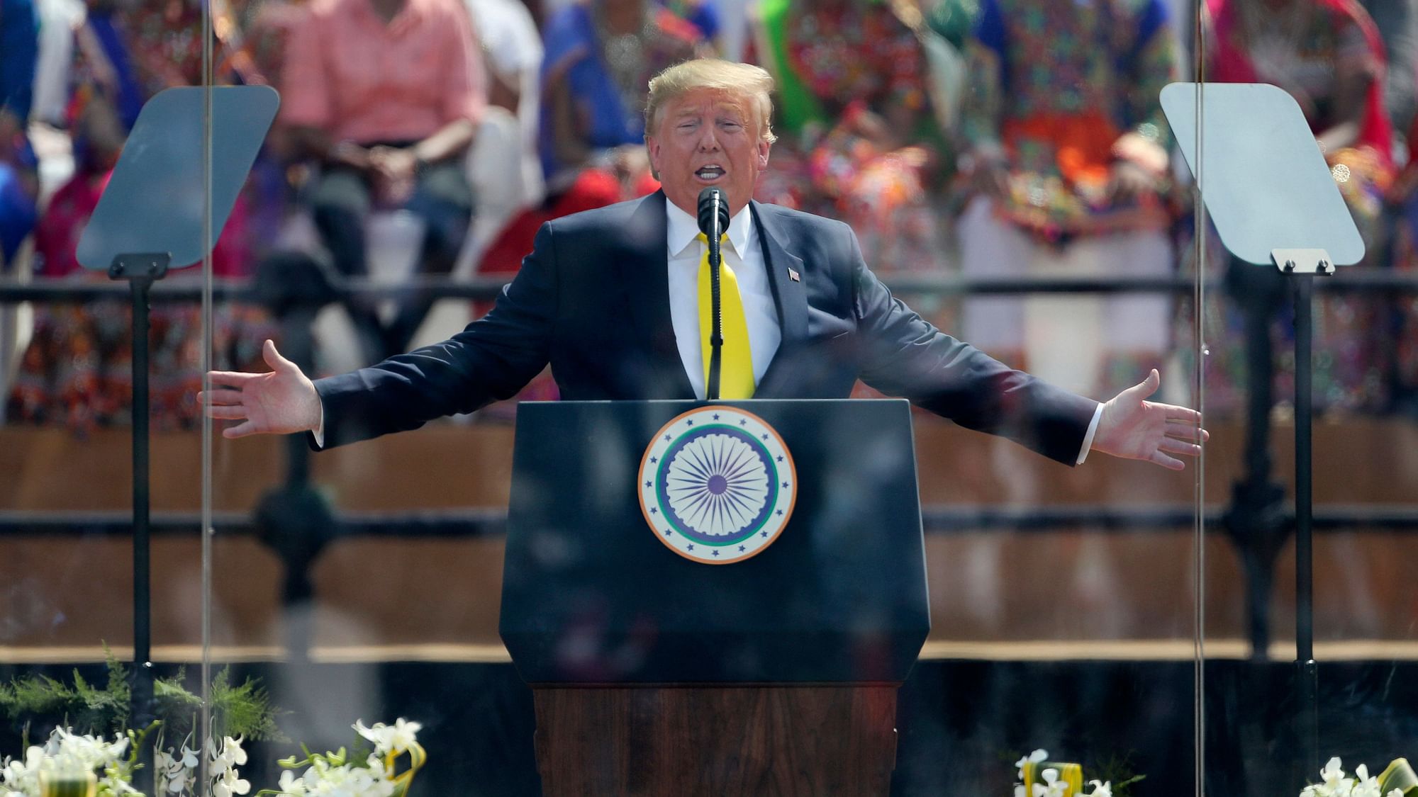 US President Donald Trump speaks at Sardar Patel Stadium in Ahmedabad.