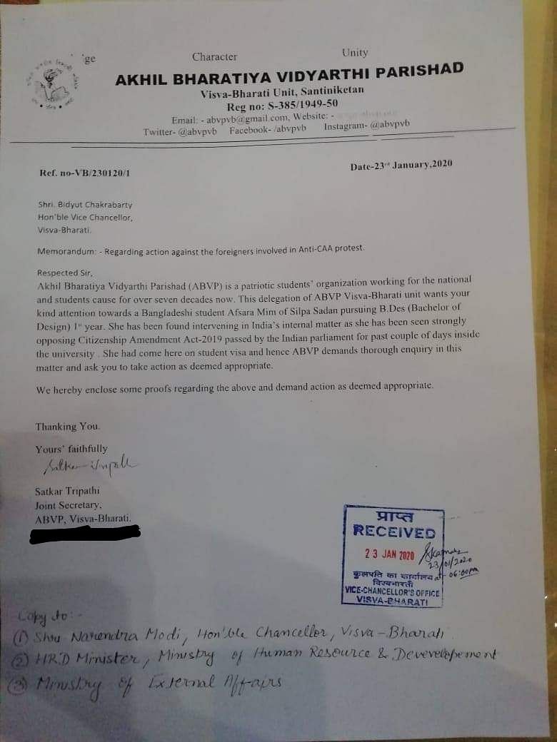 The ABVP had written a complaint regarding the student to the VC of Visva Bharati University, where she is enrolled.