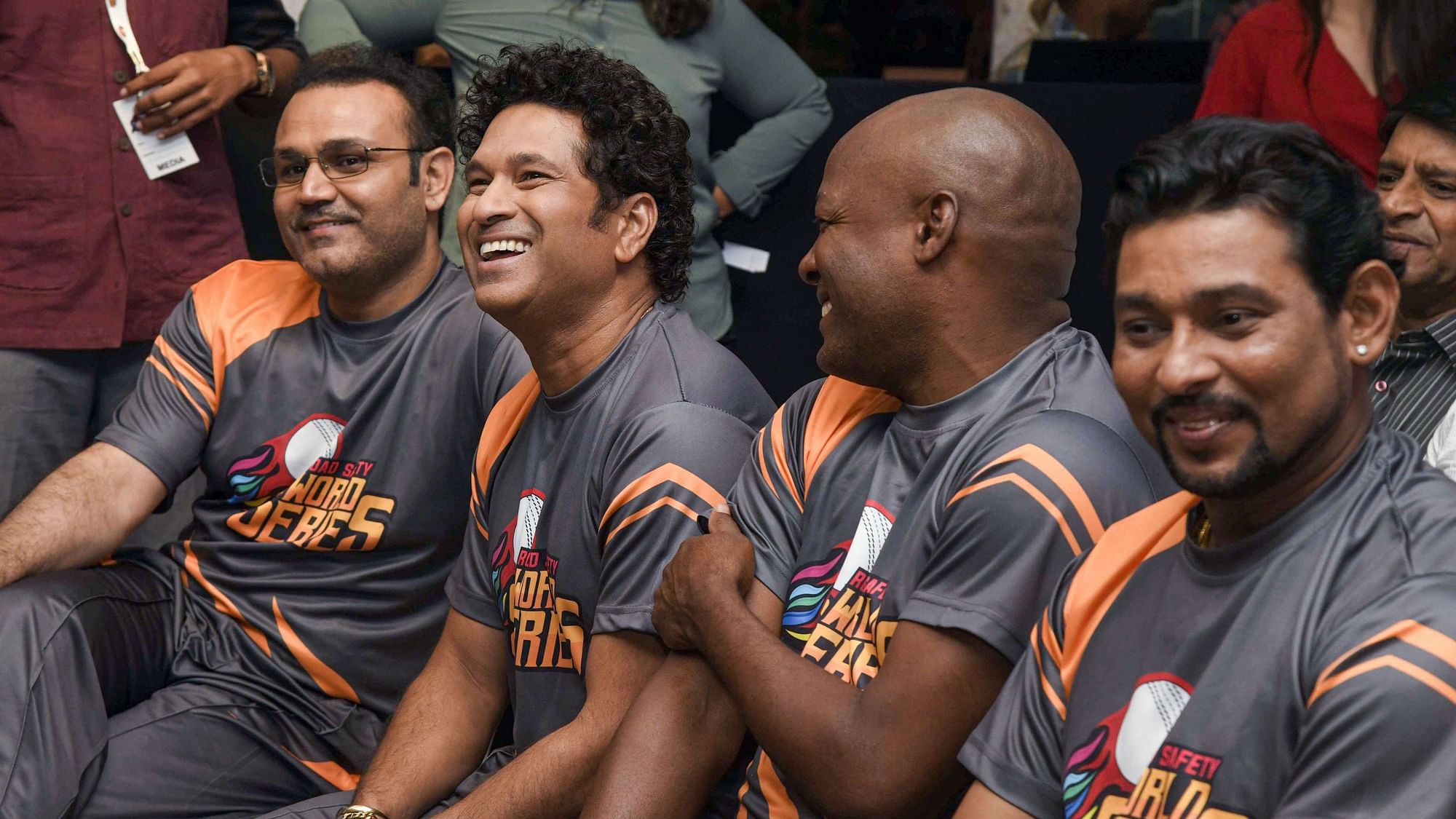 Virendra Sehwag, Sachin Tendulkar, Brian Lara and Tilakratne Dilshan at the announcement of the Road Safety World Series in Mumbai, Thursday, Oct. 17, 2019.&nbsp;