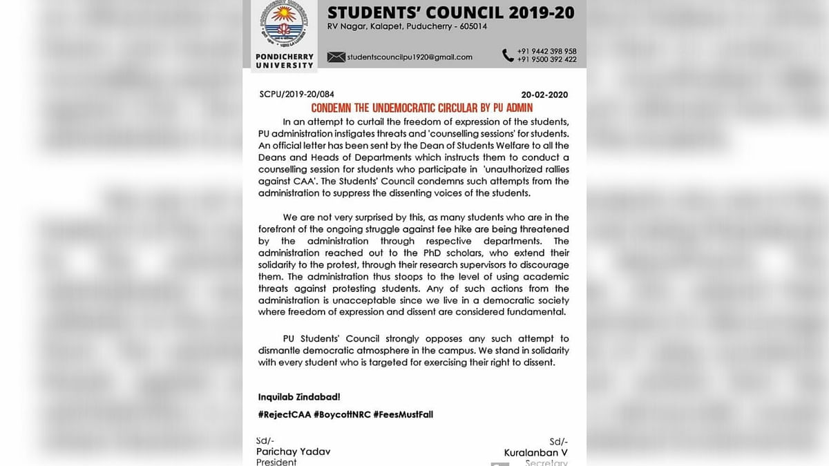 Students of Pondicherry University slam administration for ‘undemocratic circular’ and demand rollback of fee hike.