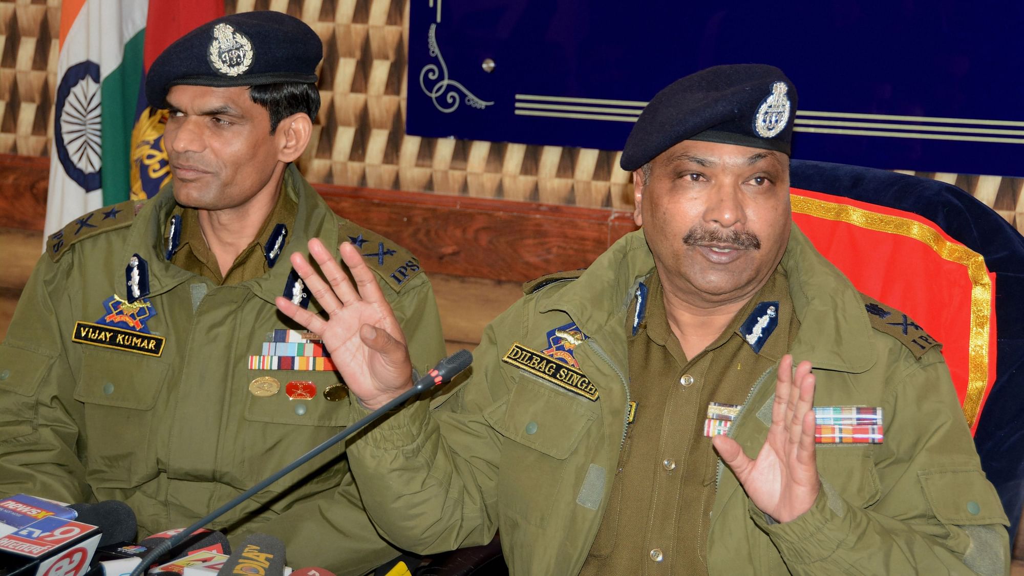 Director General of Jammu and Kashmir Police Dilbagh Singh  and Inspector General of J&amp;K Police Vijay Kumar address a press conference.&nbsp;