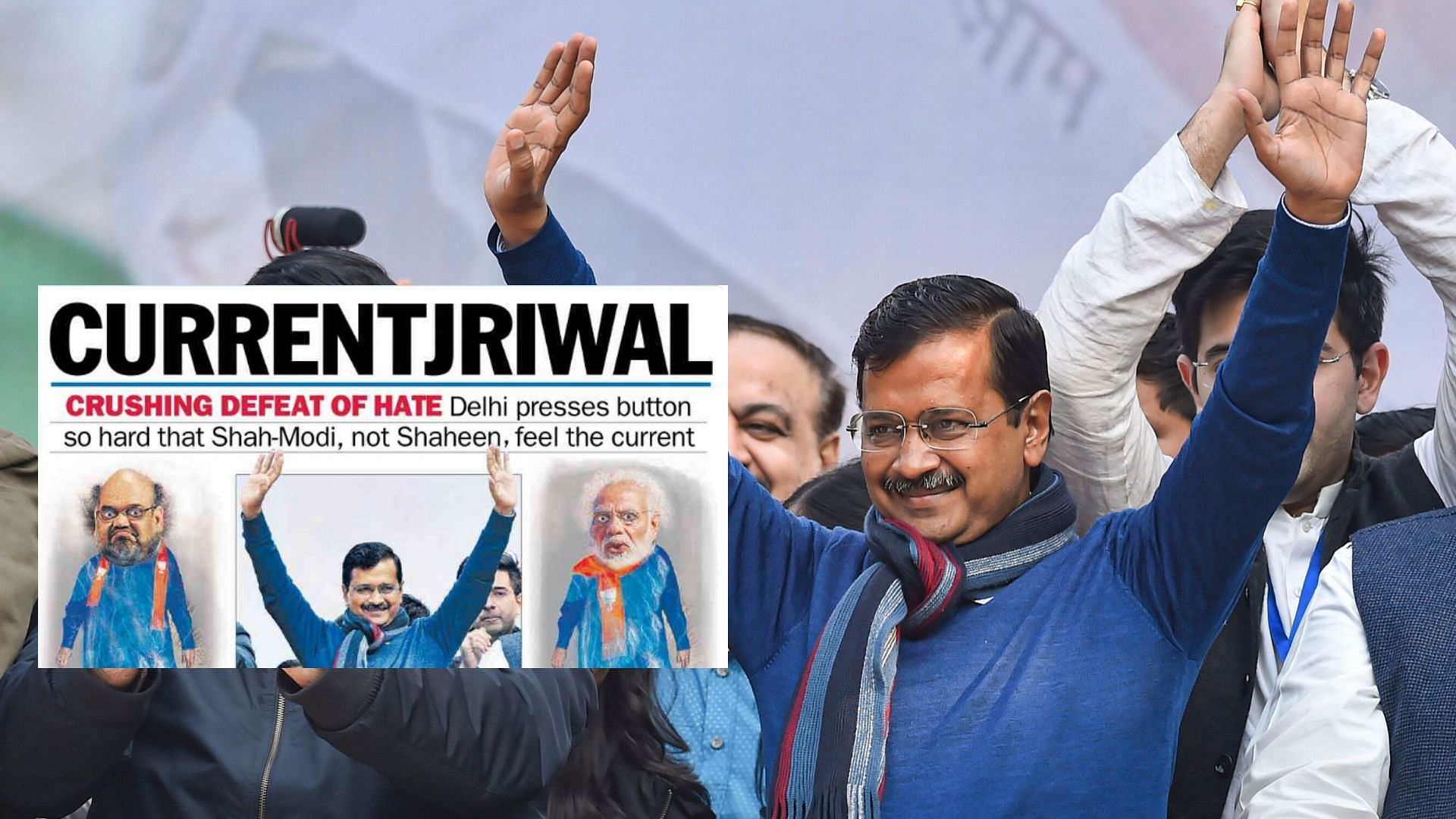 AAP convenor Arvind Kejriwal addressing supporters after party’s victory in the State Assembly polls, at AAP office on 11 Feb 2020.