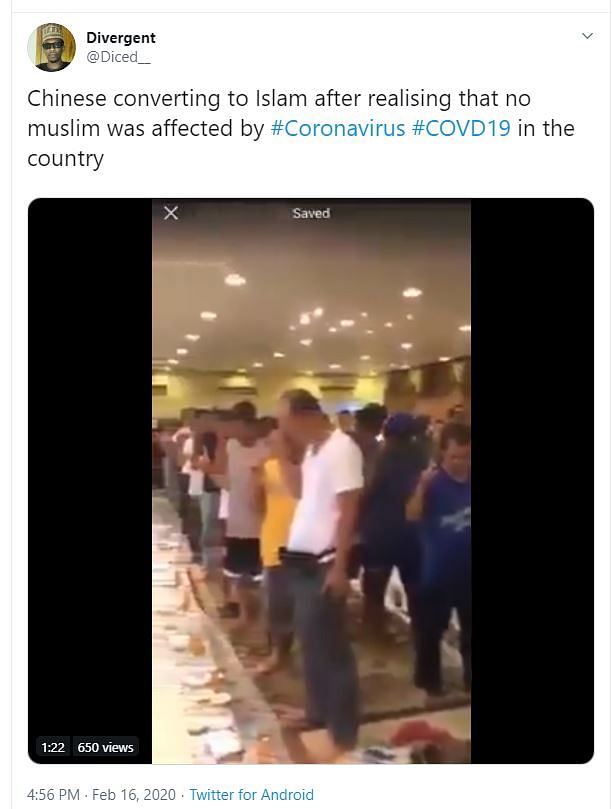 A viral video is being shared to claim that Chinese citizens are converting to Islam to prevent coronavirus. 
