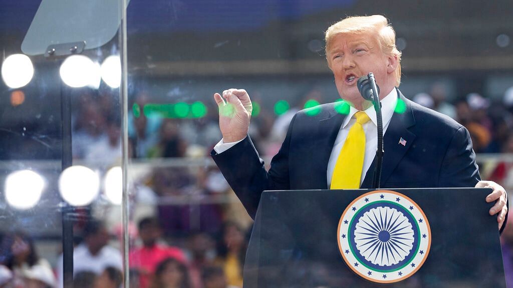 US President Donald Trump speaks during a “Namaste Trump,” event at Sardar Patel Stadium on Monday, 24 February in Ahmedabad, India. 