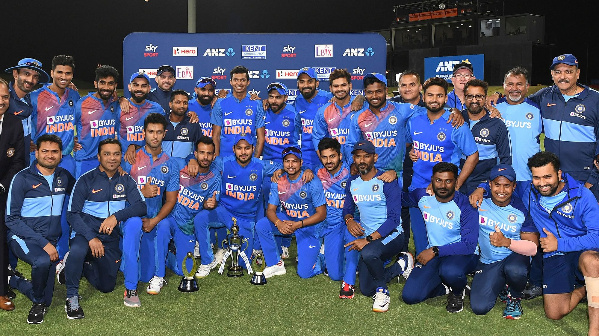 The Indian cricket team stand for a picture after completing a 5-0 T20 series sweep of New Zealand.