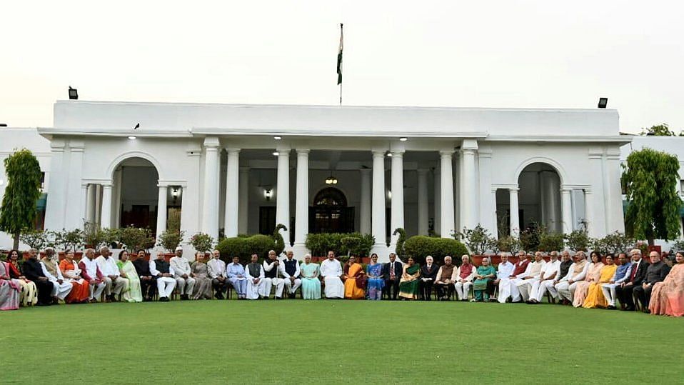 A 2018 image of V-P Venkaiah Naidu felicitating Governors and Lt. Governors at his residence. 