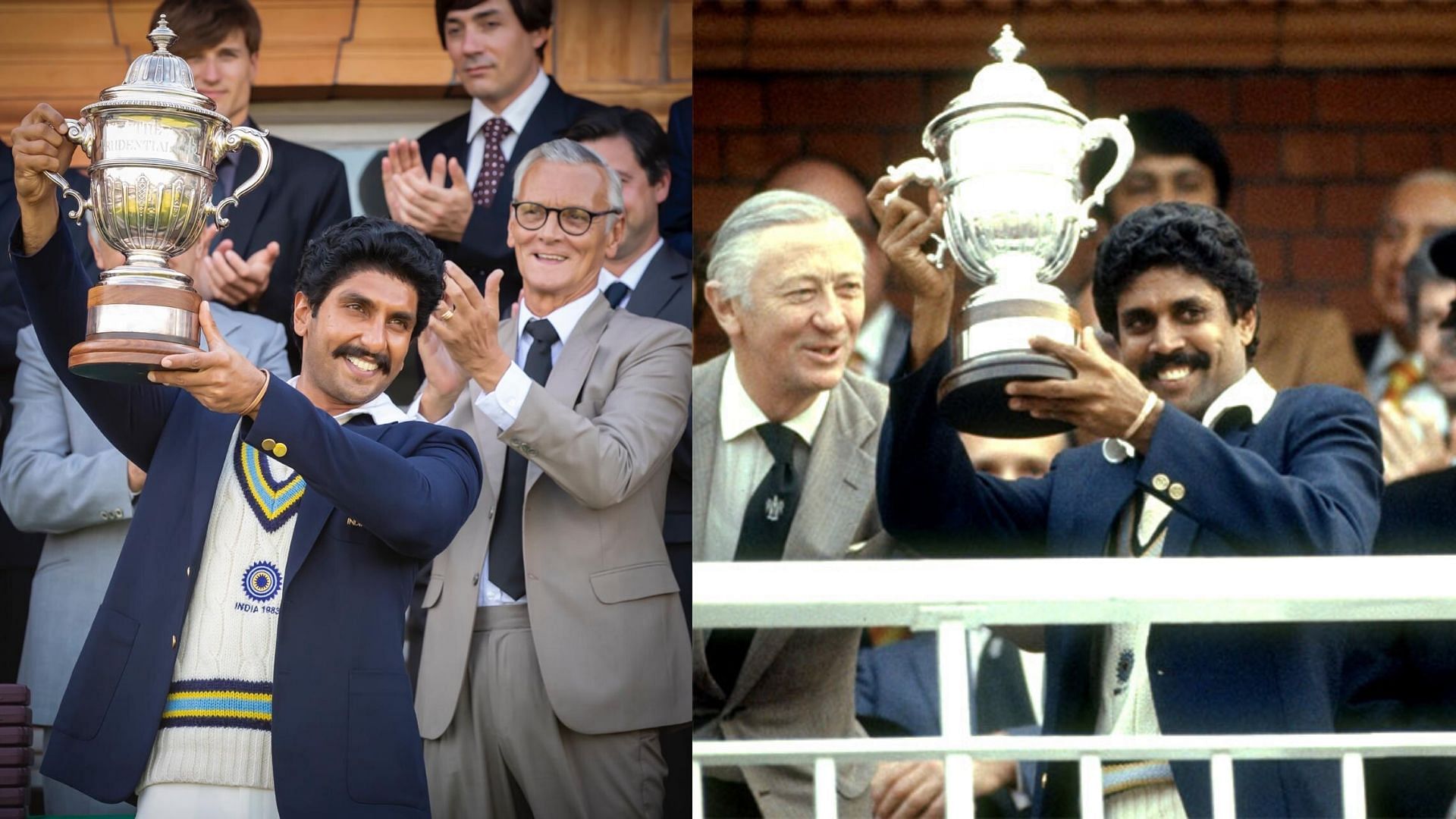 Ranveer Singh in <i>‘83; </i>Kapil Dev lifts the 1983 cricket world cup.&nbsp;