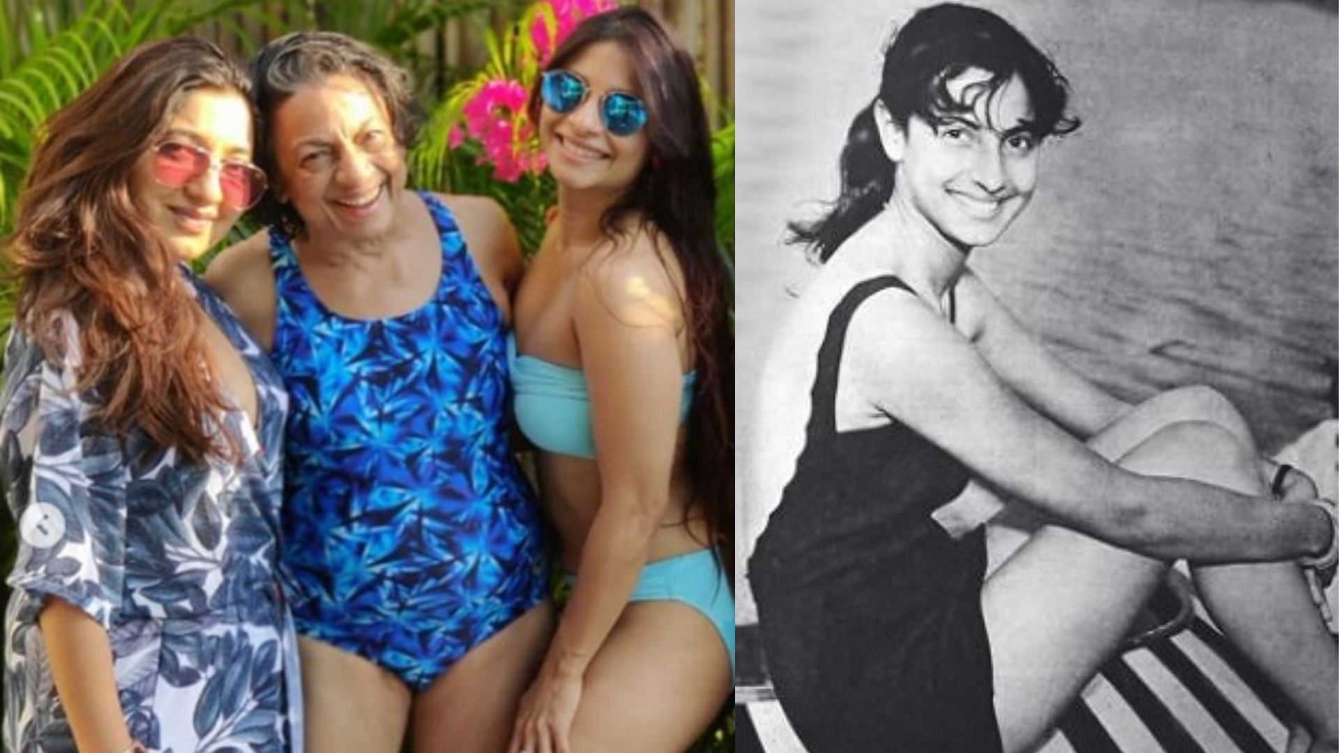 Tanuja in a swimsuit, then and now.
