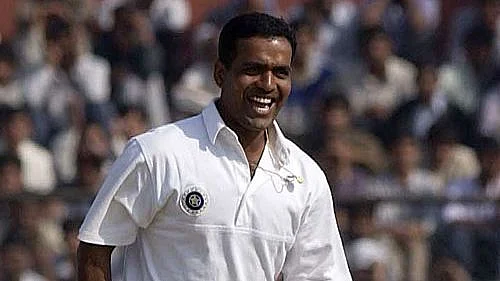 Sunil Joshi celebrates a Test wicket.