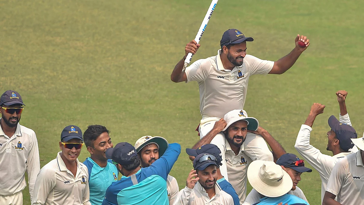 Kolkata: Bengal bowler Akash Deep carries on his shoulder Mukesh Kumar, who picked up 6 wickets in Karnataka 2nd innings, as they celebrate their win in semifinal win.