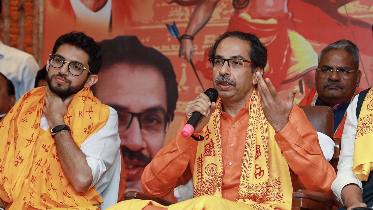 Maharashtra CM Uddhav Thackeray and state minister Aditya Thackeray in Ayodhya.&nbsp;
