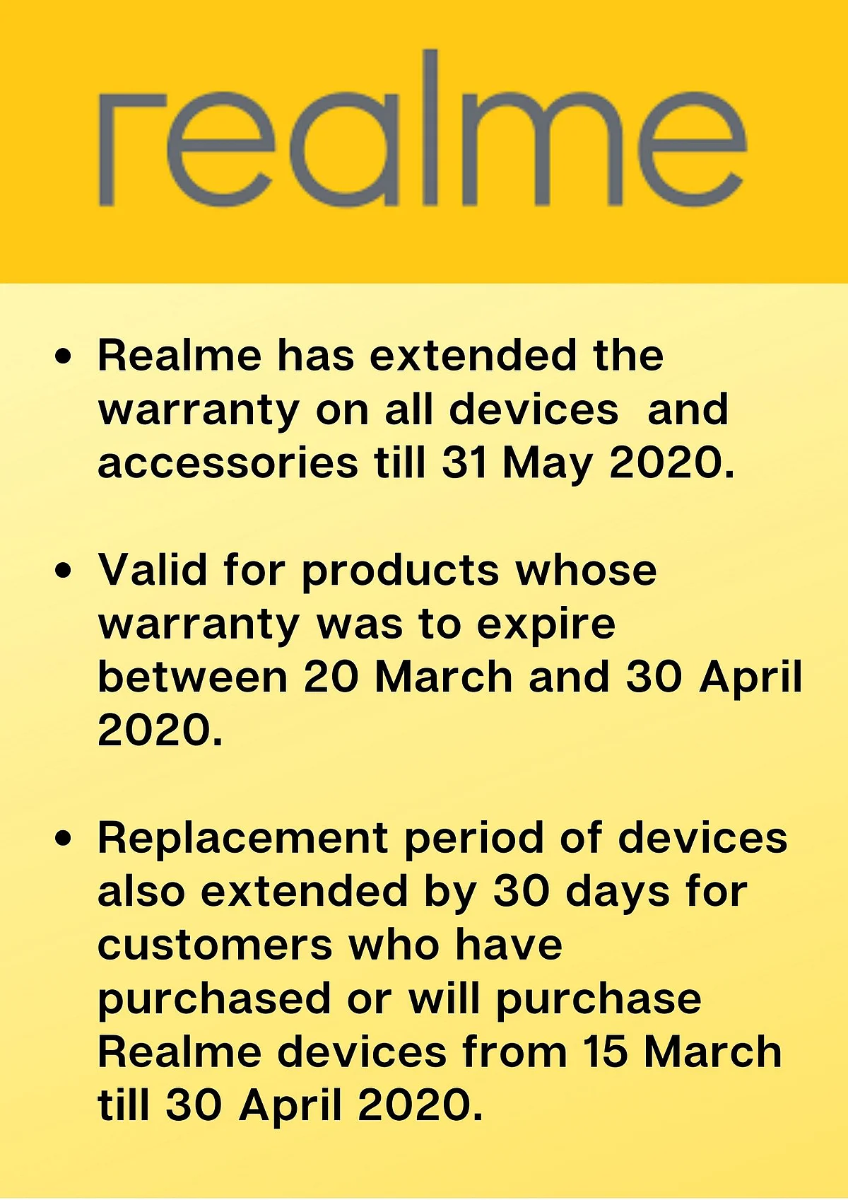 The extended warranty is valid for devices whose warranty was to expire between 20 March and 30 April 2020.