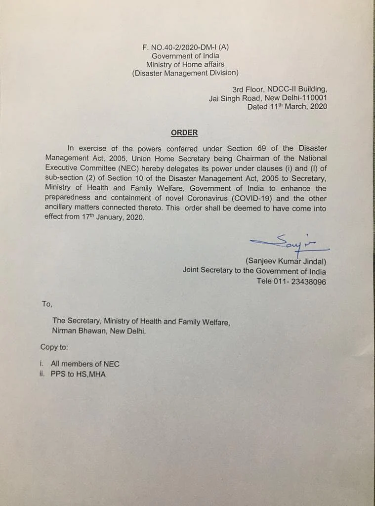 Power of National Executive committee under clauses (i) and (l) of sub section (2) of the section 10 of the disaster management act 2005 dedicated to Secretary of Ministry of Health.