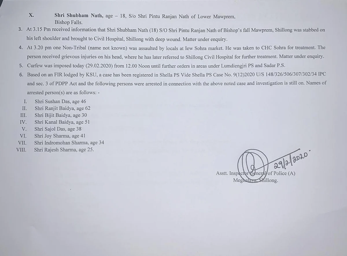Press release of special bulletin regarding the violence in Shillong and Jaiaw, Langsning. 
