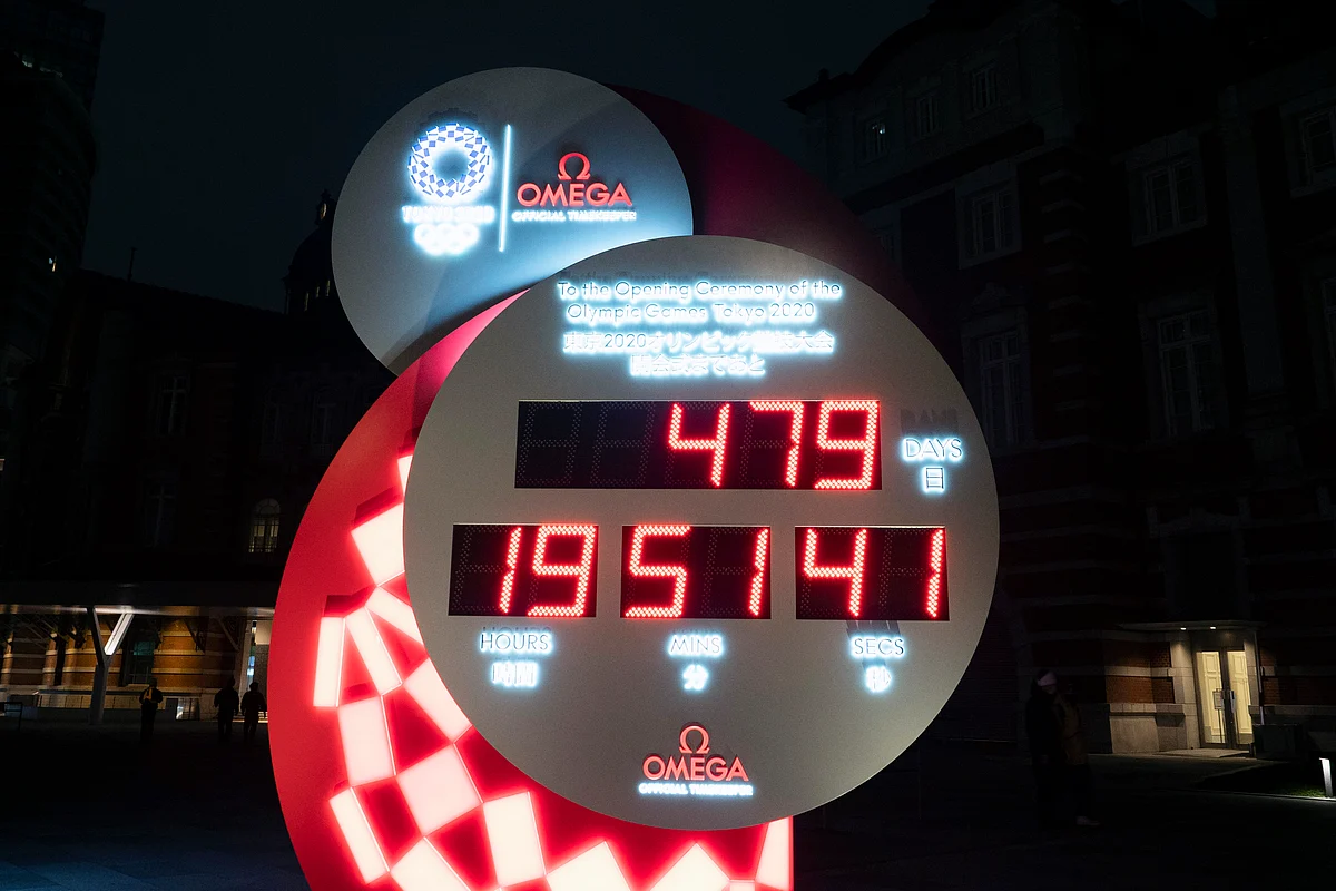 A countdown clock displays the remaining days until the new start date for the Tokyo 2020 Olympics Tuesday, March 31, 2020, in Tokyo.