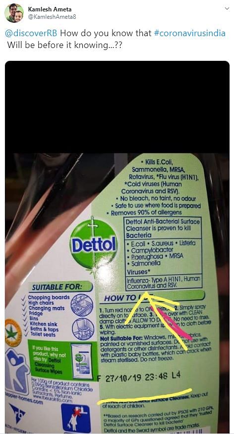 Viral images  on social media claim that Dettol products are effective against novel coronavirus.