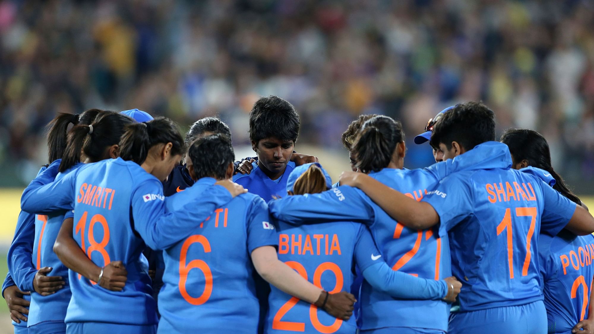 The Indian women’s cricket team during the T20 World Cup final on 8 March against Australia.&nbsp;