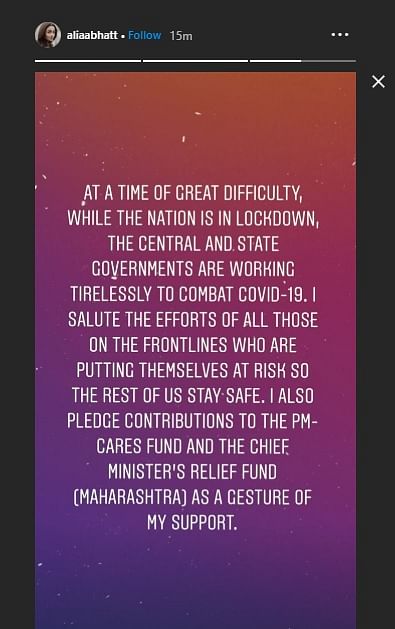Katrina Kaif and Alia Bhatt have pledged to donate to the PM-CARES Fund and the Maharashtra Chief Minister’s Fund. 