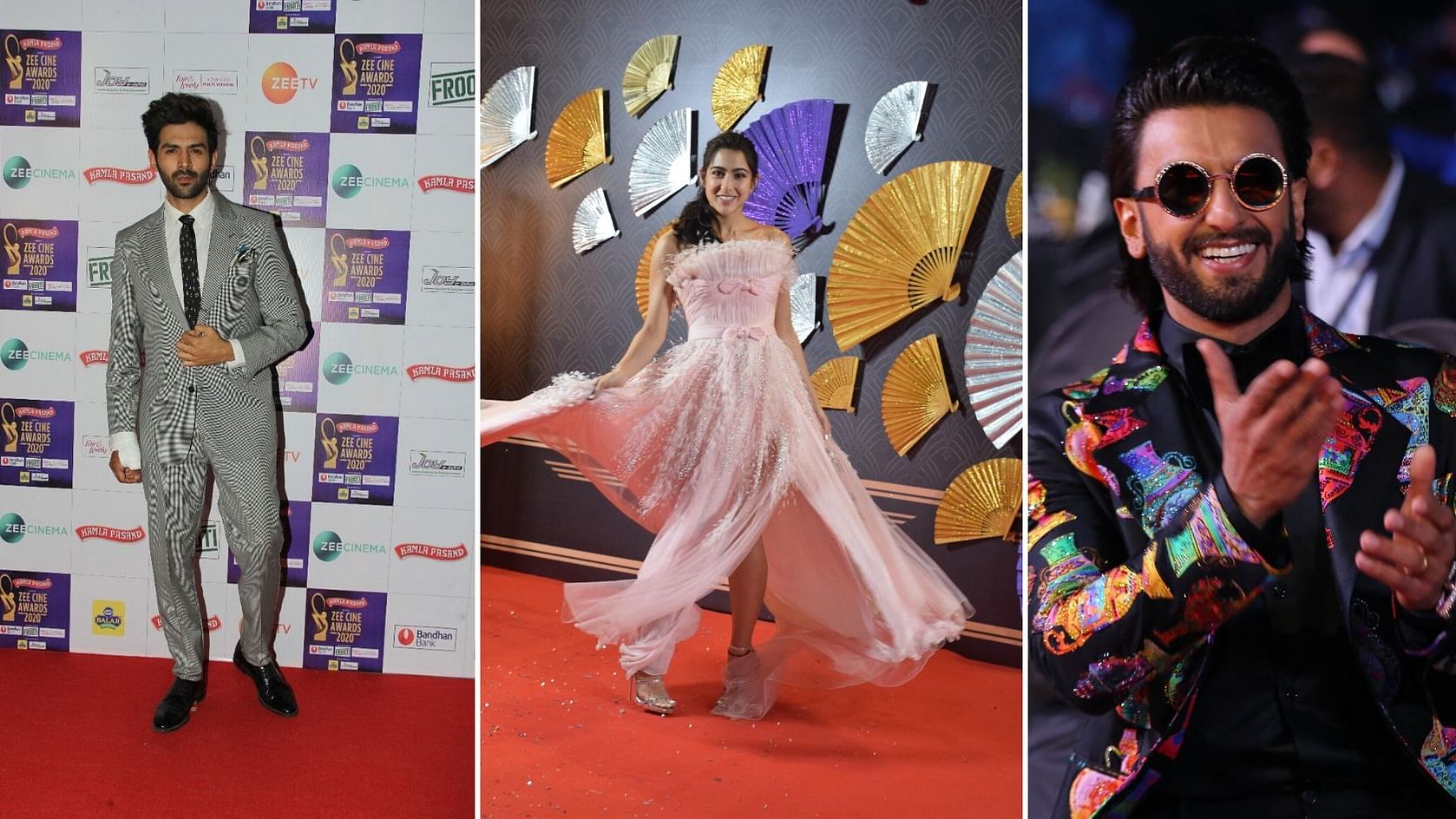 Kartik Aaryan, Sara Ali Khan, Ranveer Singh at Zee Cine Awards.&nbsp;