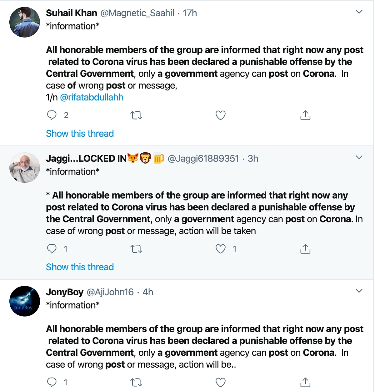 Screenshot of Twitter posts.