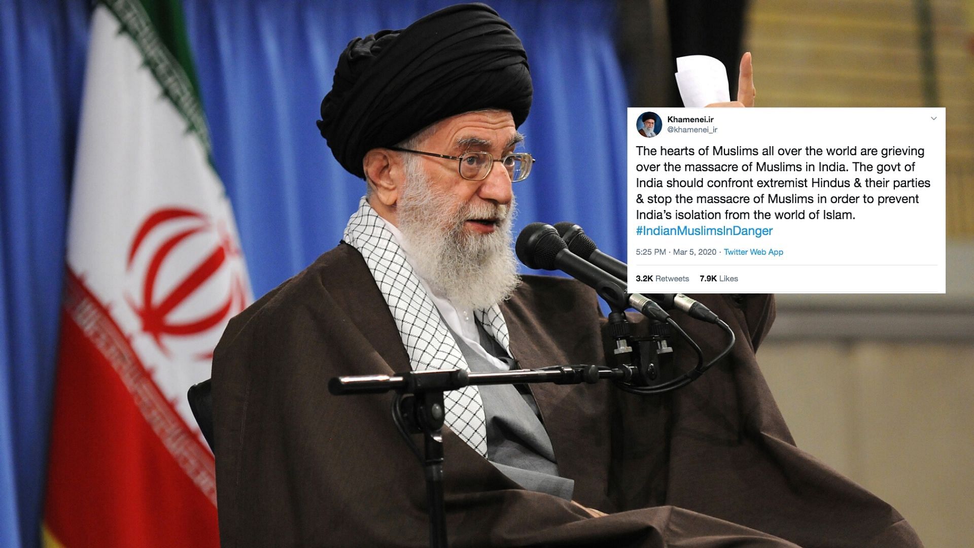“The government of India should confront extremist Hindus and stop the massacre of Muslims,” Ayatollah Ali Khamenei said.