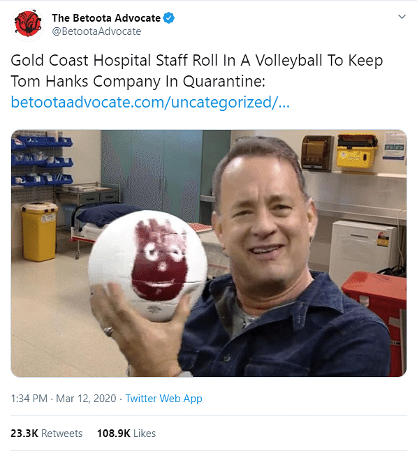 Tom Hanks was seen holding the volleyball seen in the viral image at a New York Rangers game in 2015.