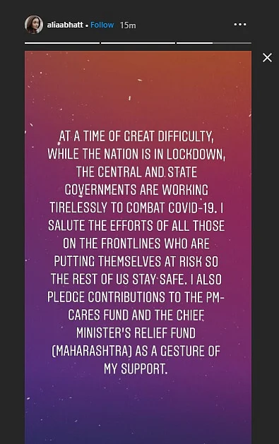 Alia Bhatt pledged to make donations to two funds.