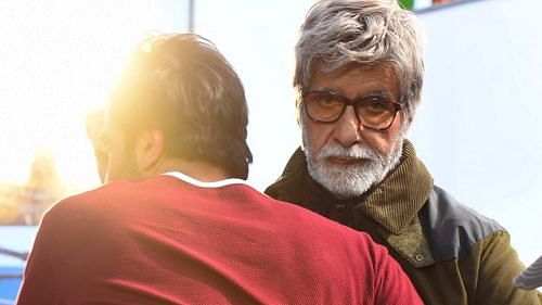 Amitabh Bachchan hugs Ranbir Kapoor on the sets of <i>Brahmastra</i>.