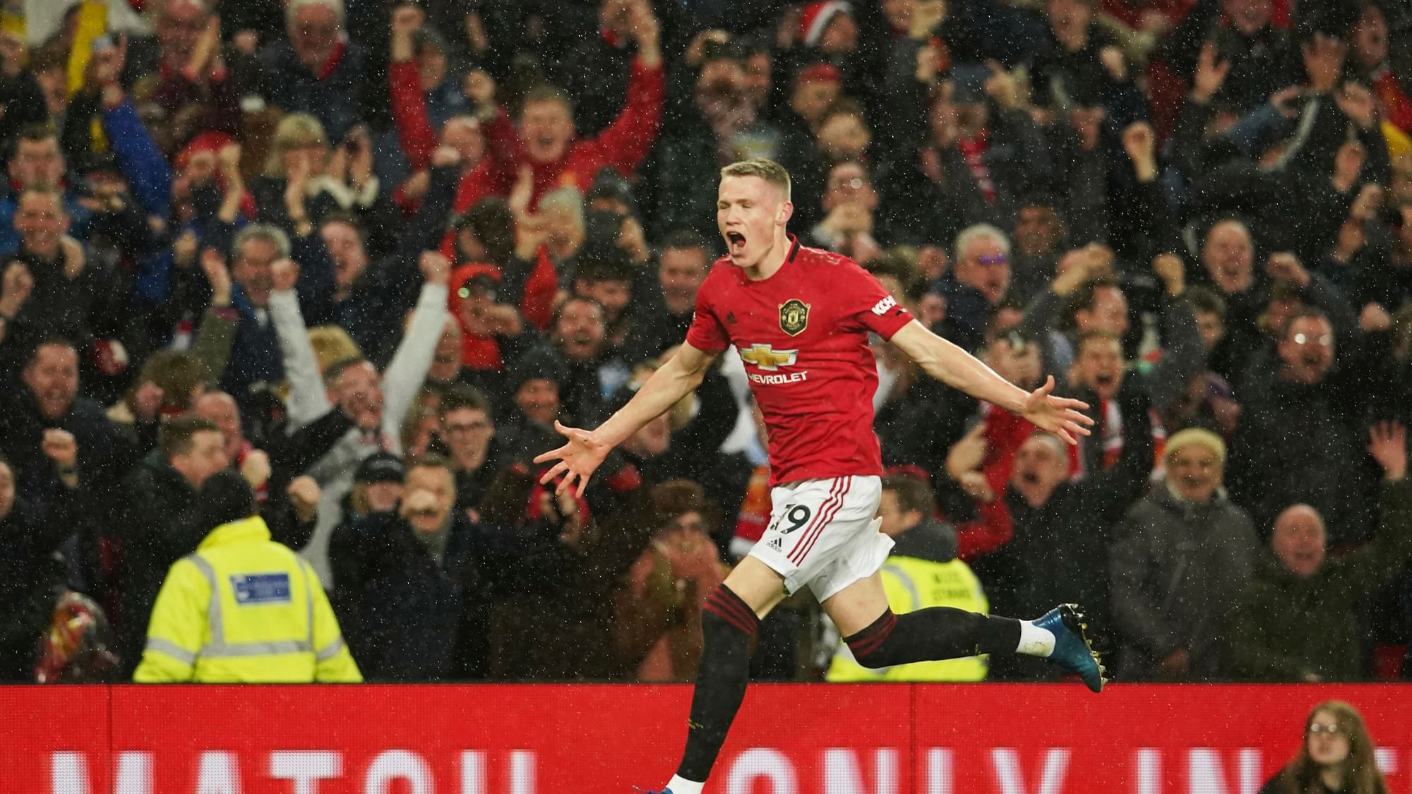 Manchester United’s Scott McTominay celebrates after scoring his side’s second goal during the English Premier League soccer match between Manchester United and Manchester City at Old Trafford.