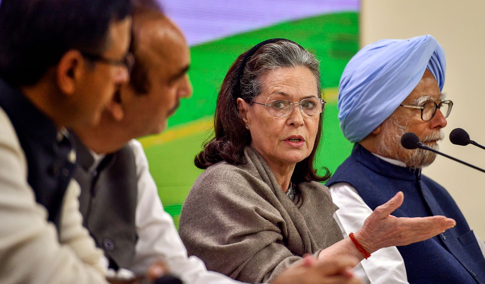 Congress President Sonia Gandhi addresses a press conference.