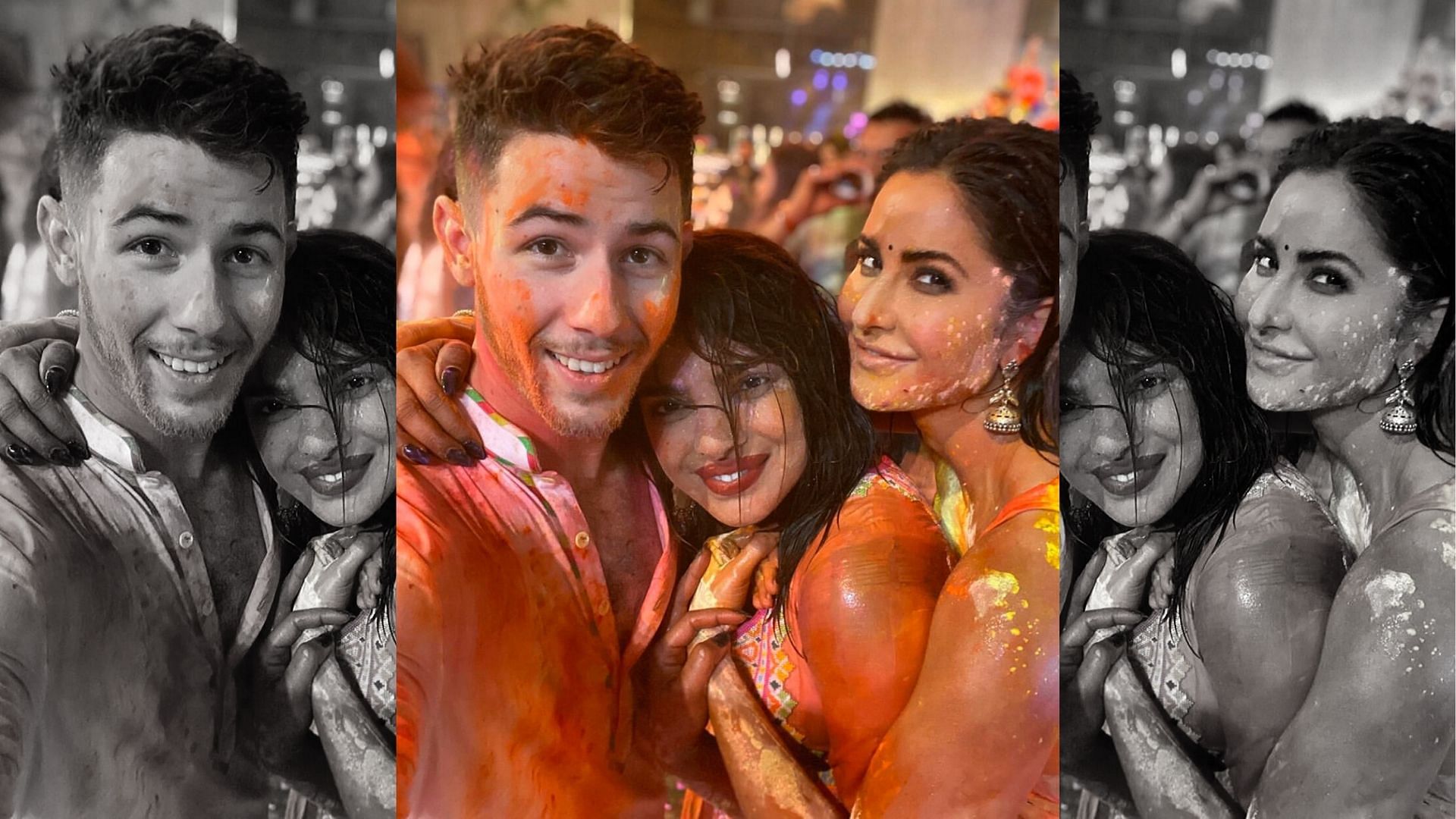 Nick Jonas, Priyanka Chopra and Katrina Kaif at the Ambani Holi party.