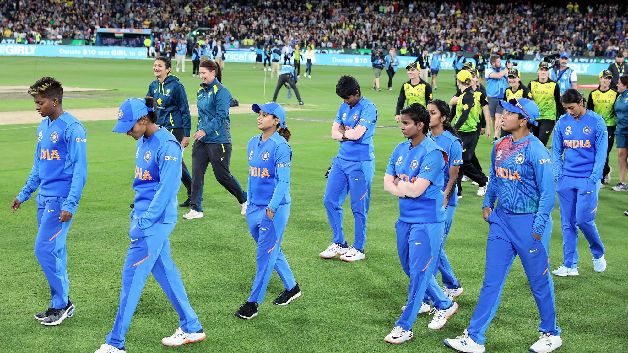 The Indian team walk around the stadium after losing the Women’s T20 World Cup.