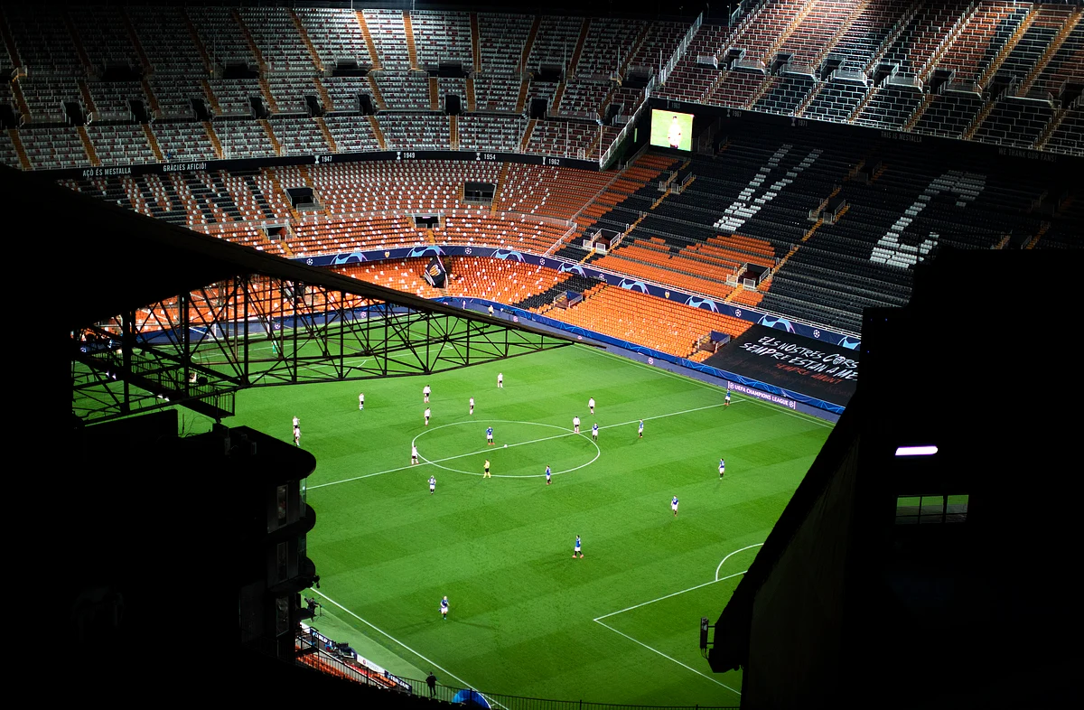In this Tuesday March 10, 2020 file photo a general view of the Mestalla stadium during the Champions League round of 16 second leg soccer match between Valencia and Atalanta in Valencia, Spain.