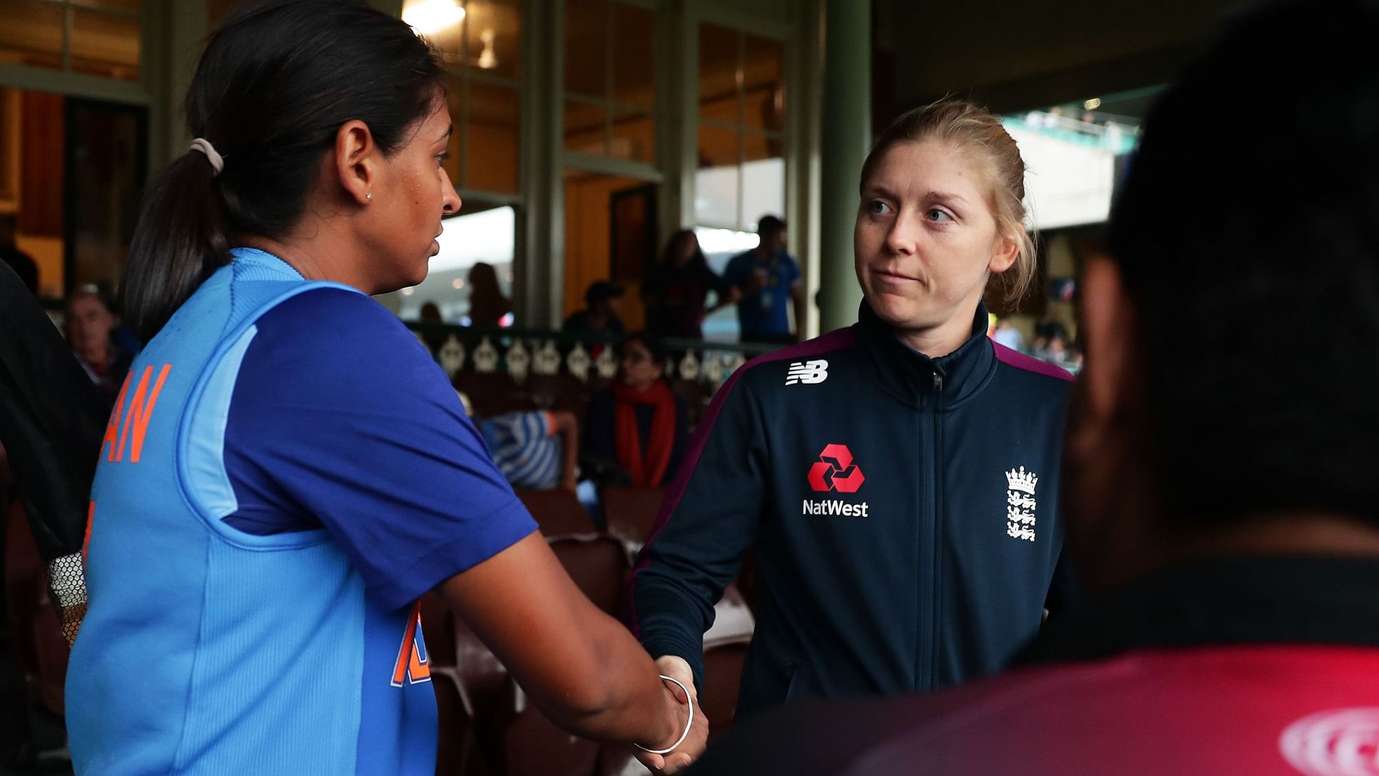 Captains shake hands as India enter the Women’s T20 World Cup Final after their semi-final against England was washed out due to rain.