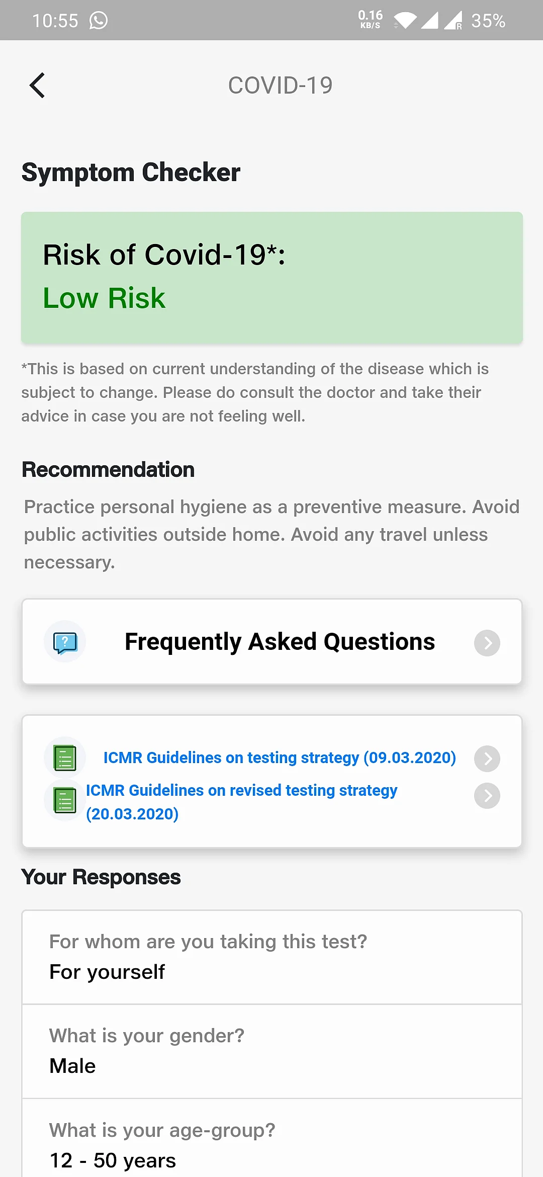 Risk assessment done on the basis of answers