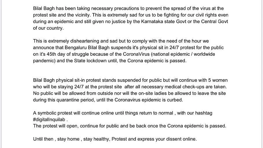 After 45 Days, Bilal Bagh Protest Suspended as K’taka Locks Down