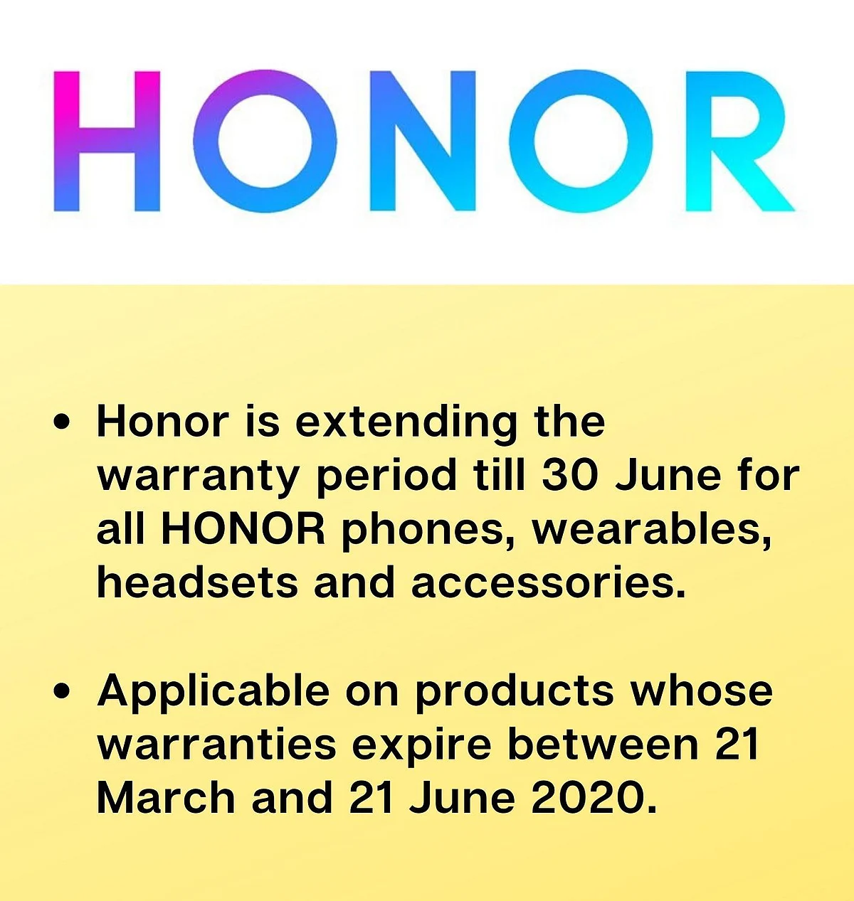 Honor has announced that it has offer extended warranty on all of its devices. 