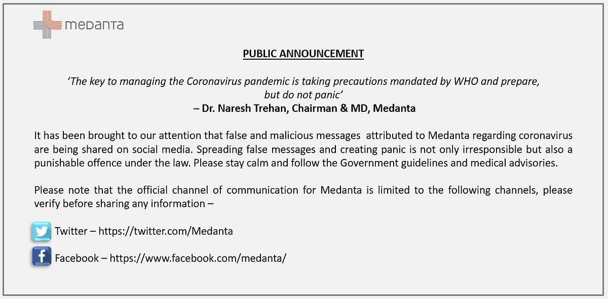  Medanta Hospital said that the audio clip is being falsely attributed to Dr Naresh Trehan, Medanta’s MD.