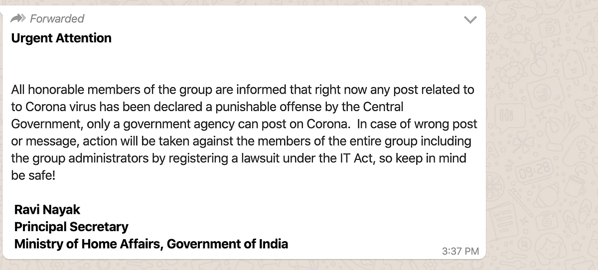 Fake Message Linked to MHA Claims Posting on COVID-19 is Illegal