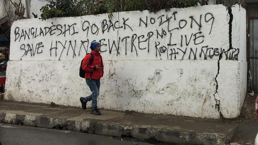‘Bangladeshi Go Back’ written on a wall in Shillong